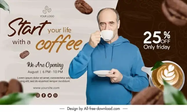 coffee banner discount template realistic man drinking