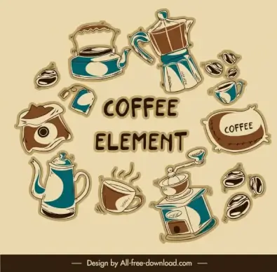coffee elements icons flat dynamic retro design