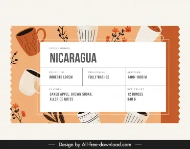  coffee label template flat classic cup flowers leaves