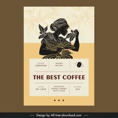   coffee label template handdrawn silhouette farmer leaves beans