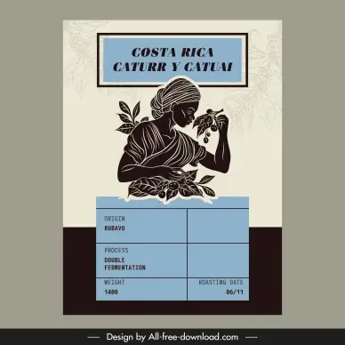  coffee label template silhouette handdrawn woman cafe leaves beans