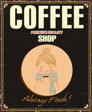coffee shop poster female icon retro handdrawn cartoon