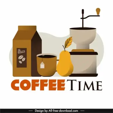 coffee time poster objects sketch colored classic design