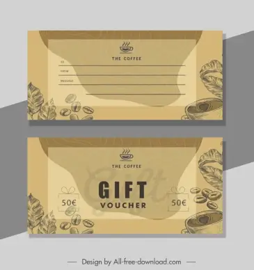 coffee voucher template handdrawn retro coffee beans leaves