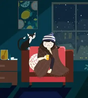 cold winter drawing girl cat cozy room icons