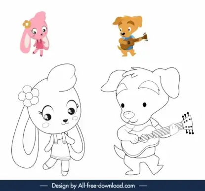 coloring book elements cute stylized bunny puppy sketch