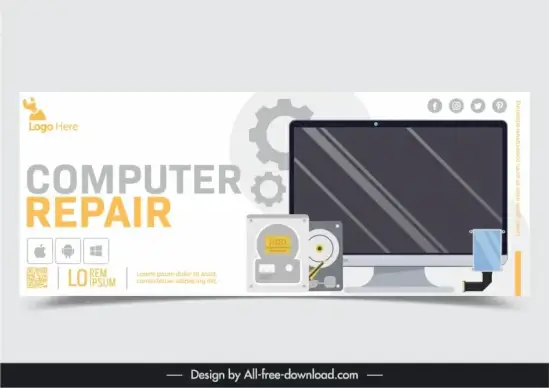 computer repair banner template flat disk screen gears 