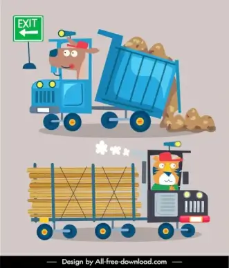 construction vehicles icons truck trailer sketch cartoon design