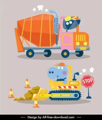 construction work icons cartoon animals sketch
