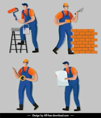 construction worker icons colored cartoon characters sketch