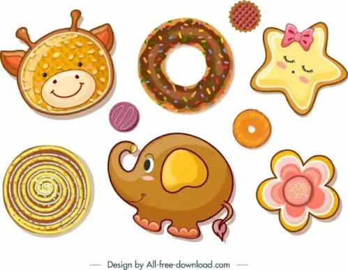 cookies design templates cow elephant star flower icons