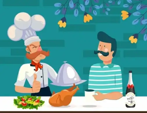 cooking background chef customer food icons cartoon characters
