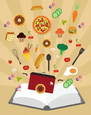 cooking education background flying food ornament book icon
