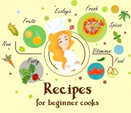 cooking recipes banner female cook food icons decor
