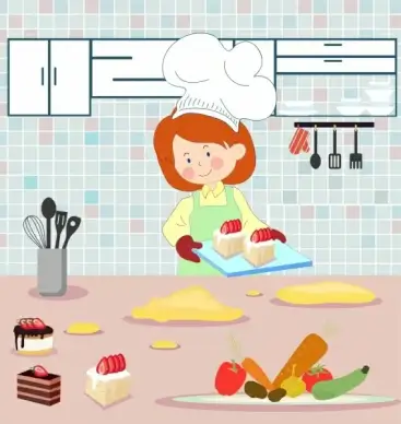 cooking work background woman food kitchen icons decor