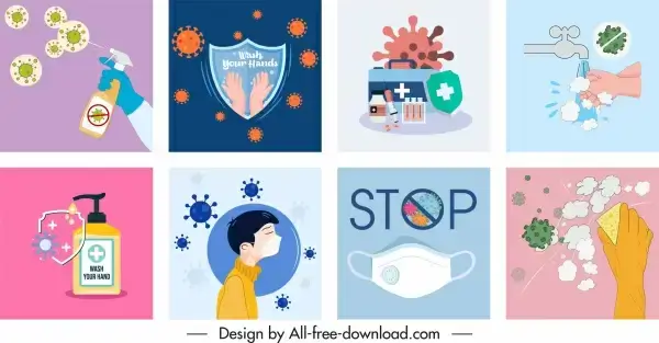 corona epidemic posters colorful healthcare elements sketch