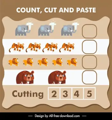 count cut and paste education template flat elephant lion tiger bear sketch