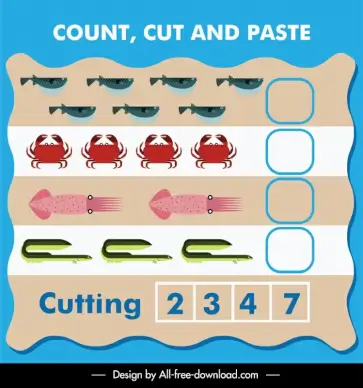 count cut and paste educational template flat marine species numbers sketch