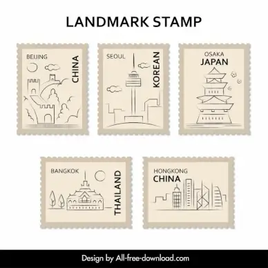 country stamps collection hand draw national symbols outline 