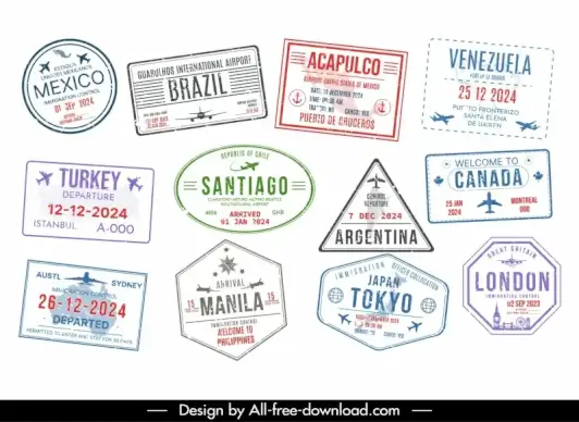 country visa stamp templates collection flat classical geometry 