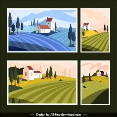 countryside background templates colorful classic field houses sketch