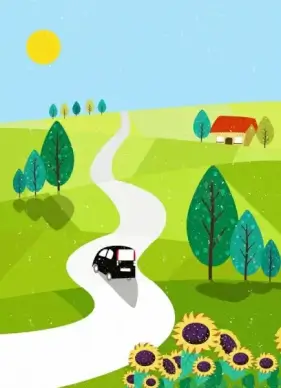countryside drawing green hill pathway flowers tree icons