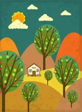 countryside landscape drawing colorful hand drawn sketch