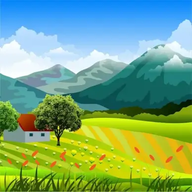 countryside landscape with mountain and grass field