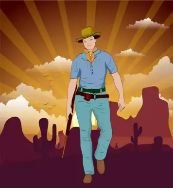 cowboy background man icon colored cartoon rays backdrop