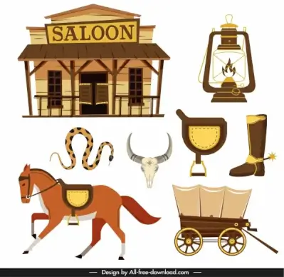 cowboy design elements flat classical symbols sketch