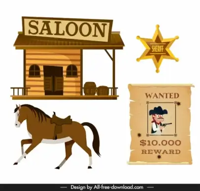 cowboy design elements saloon horse medal wanted sketch