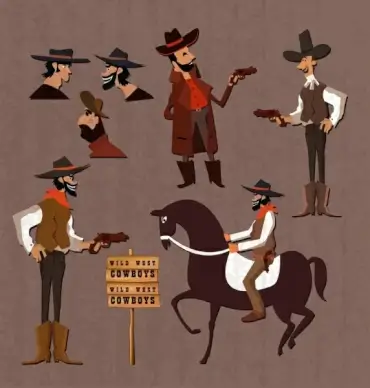 cowboy icons collection various gestures colored cartoon