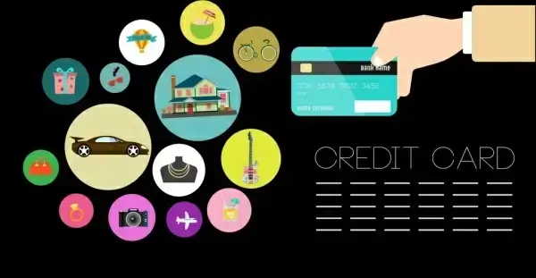credit card advertisement hand holding card various icons