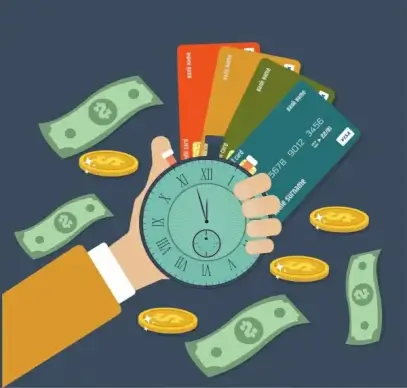 credit card advertising hand holding clock money icons