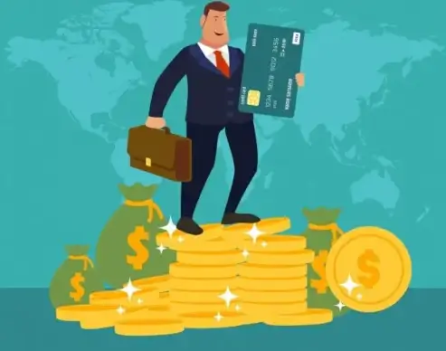 credit card advertising man coins icons decoration