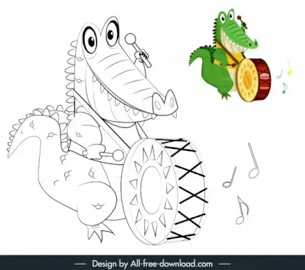 crocodile icon playing drum sketch handdrawn cartoon