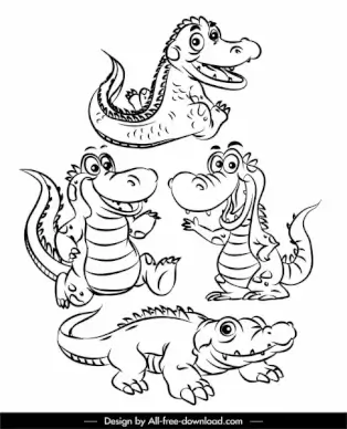 crocodile icons funny cartoon sketch black white handdrawn