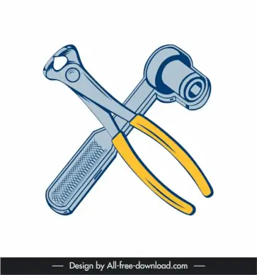 cross wrench tools icons flat sketch