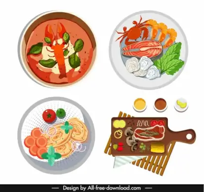 cuisines icons colorful flat sketch