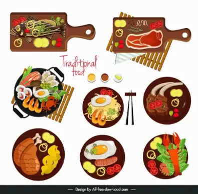 cuisines sets icons colorful flat sketch