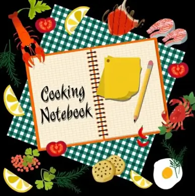 culinary background food notebook pencil icons decor