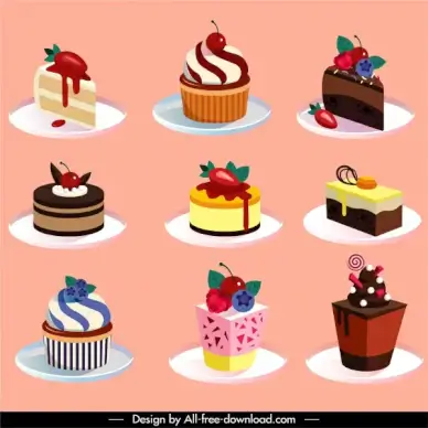 cup cake icons modern colorful decor 3d sketch
