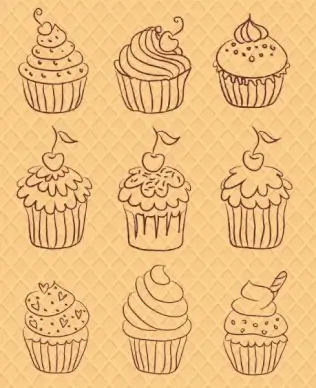 cupcakes icons sets various shapes hand drawn sketch