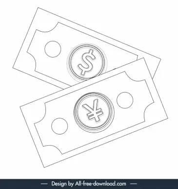 currency exchange icons black white dollar yen cash sketch