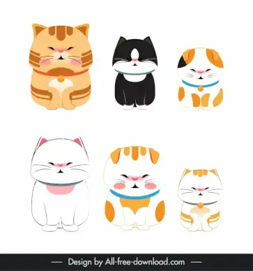 cute cats icons funny cartoon sketch flat classic design 