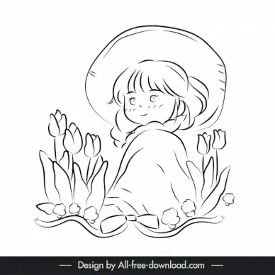 cute girl design elements handdrawn flowers sketch