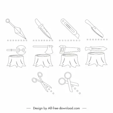 cutting work icons sets flat handdrawn knife axe scissors sketch