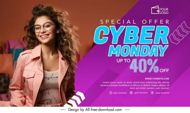 cyber monday discount banner template dynamic happy woman posing