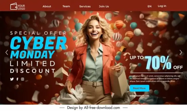 cyber monday landing page template happy lady dynamic design 