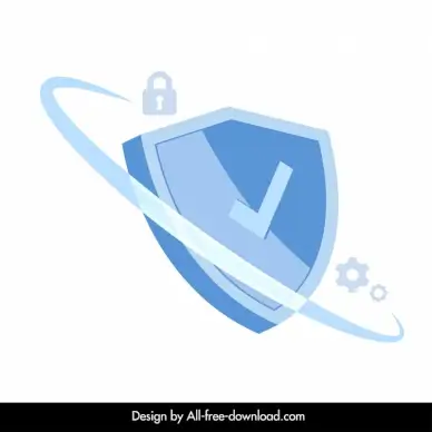 cyber security sign icon dynamic 3d shield curves checked sign gears sketch
